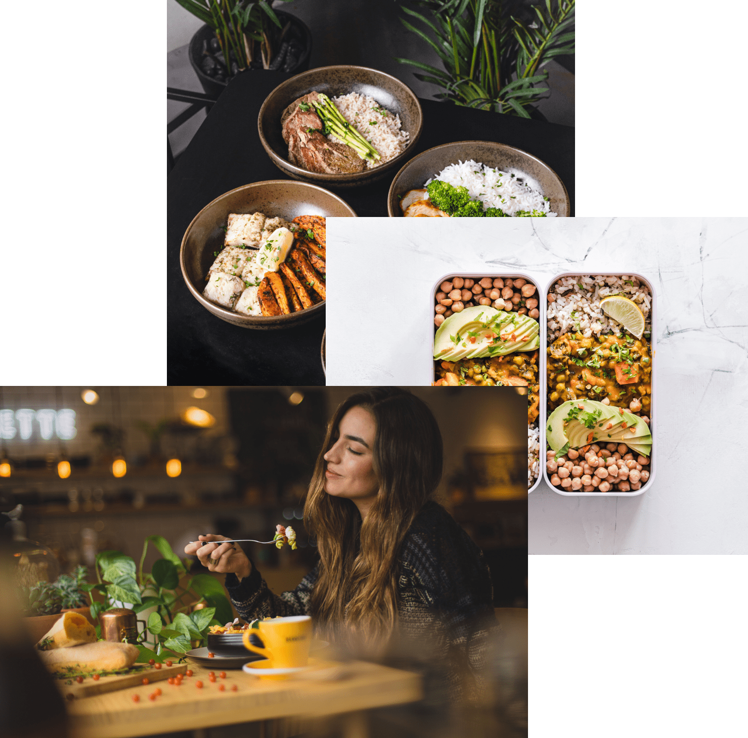 Woman enjoying food, 
            meals in storage container and food bowls on a table